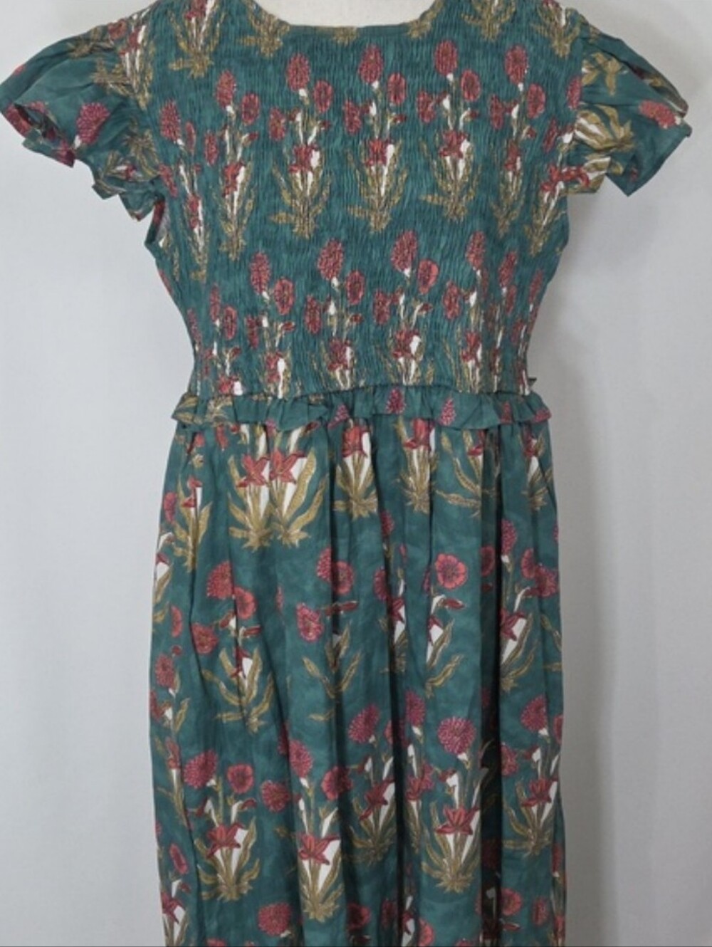 Victoria Dunn Green Floral Midi Dress Size L 100% Cotton Blockprint Ruffle